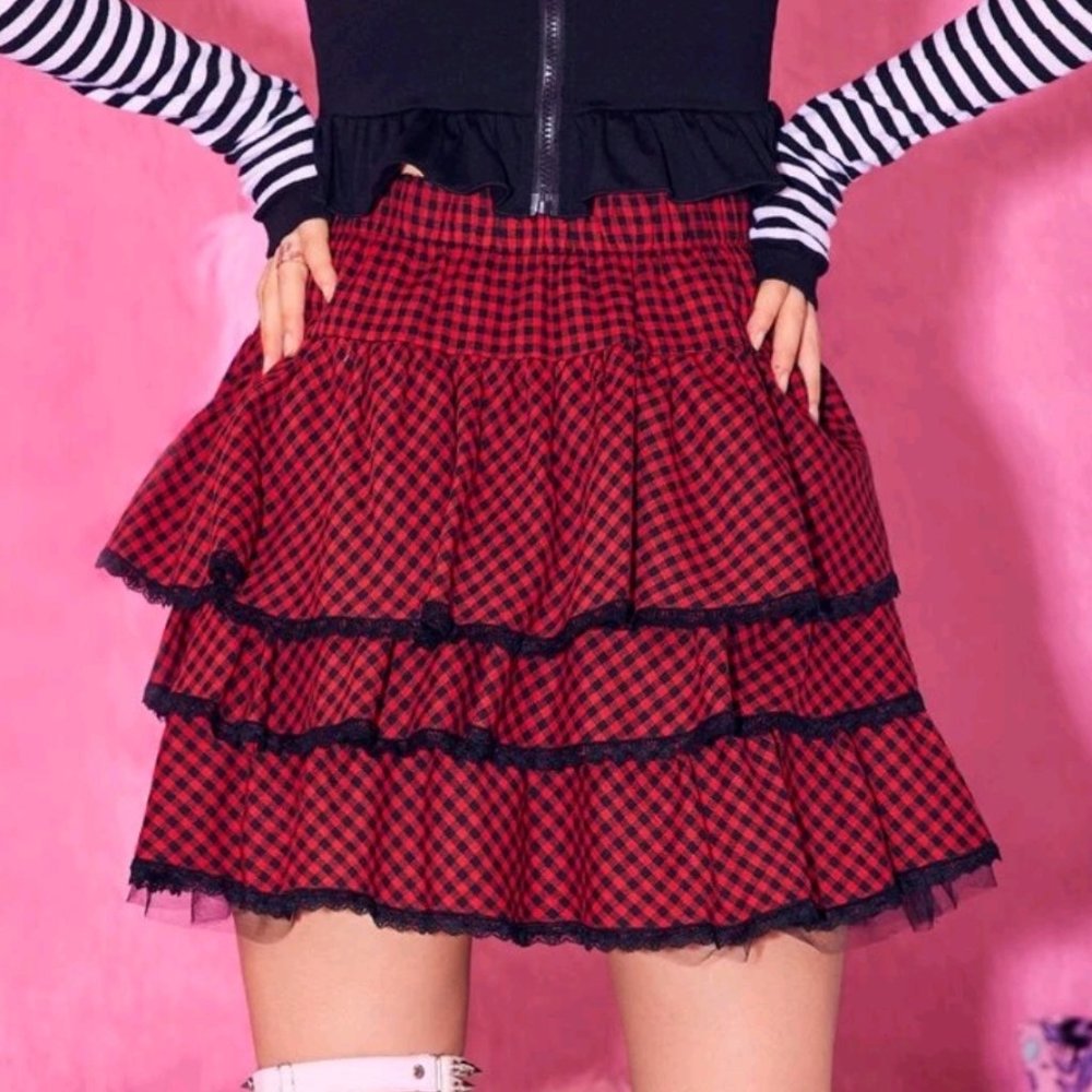 Red Gingham Puffy Skirt - Size S